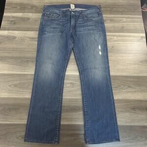 True Religion Jeans Mens 40 Straight Denim Made in USA Distressed Red Stitching